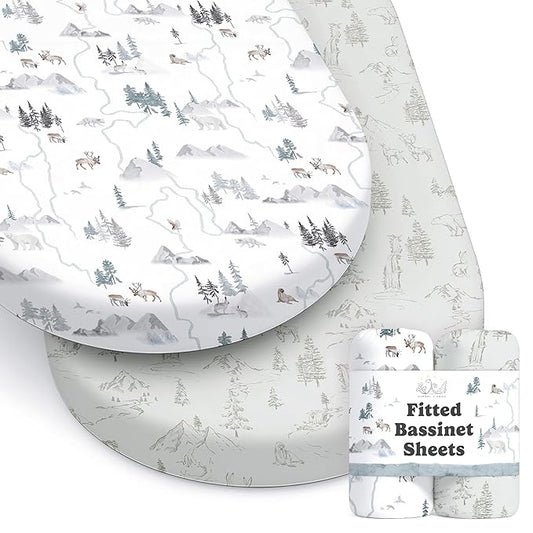 Baby Bassinet Sheets for Boy, Girl (Arctic Journey) 2-Pack - Fitted Bedside Bassinet Sheets - Buttery Soft Cotton Blend for Standard Mattress Pad - Compatible with Halo BassiNest