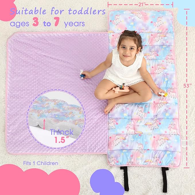 ACRABROS Toddler Nap Mat with Pillow and Blanket, Large Rolled Napping Mats,Slumber Bags for Boys Girls,Kids Sleeping Bag for Daycare, Preschool Travel