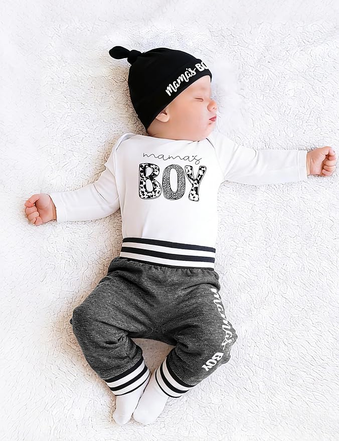 Fommy Newborn Baby Boy Clothes New to The Crew Letter Print Romper+ Pants+Hat 3PCS Outfit