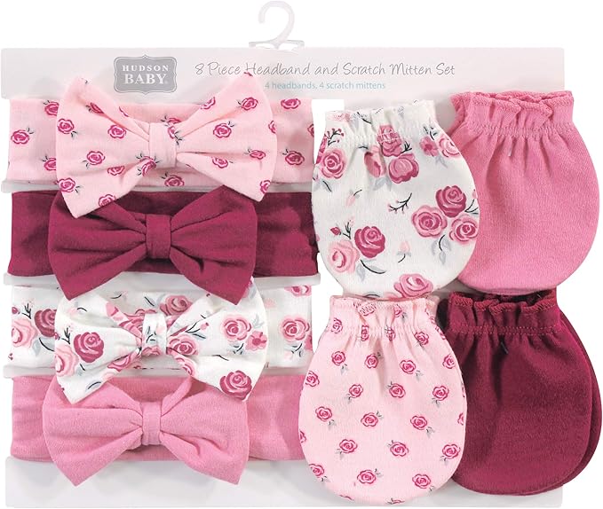 Hudson Baby baby-girls Cotton Headband and Scratch Mitten Set