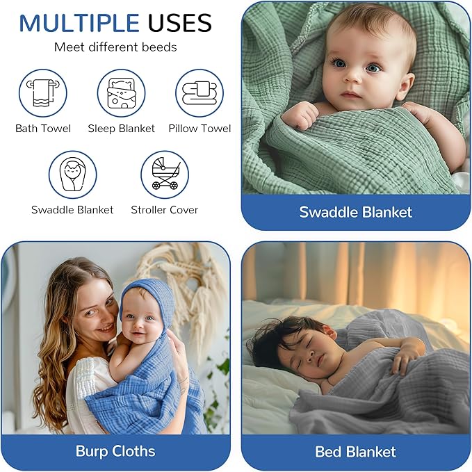Muslin Hooded Towels, 3 Pack Cotton Bath Towels With Hood for Newborn, Infant, Toddler - Soft and Absorbent Baby Shower Essential (35 X 35'') (Green + Grey + Dark Blue)