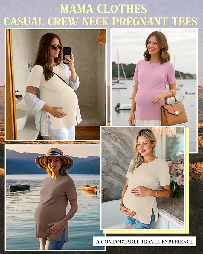 Ficerd 3 Pack Women's Maternity T Shirts, Short Sleeve Side Split Pregnancy Tops Casual Crew Neck Pregnant Tees Mama Clothes