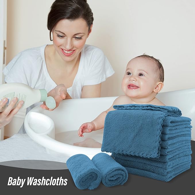 Sunny zzzZZ Ultra Soft 24 Pack Baby Washcloths - 10x10 Inches - Coral Fleece Extra Absorbent Wash Clothes for Babies, Infants and Toddlers - Sensitive Skin and Newborn - Ideal Baby - Ocean Aqua