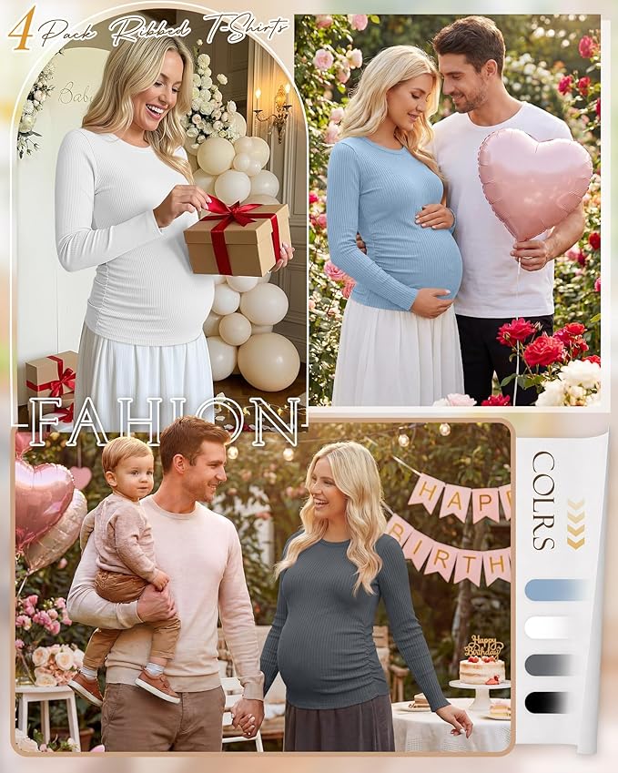 Ficerd 4 Pack Women's Maternity Shirts Cotton Long Sleeve Ribbed Crew Neck Pregnancy Tops Side Ruched Casual Mama Clothes