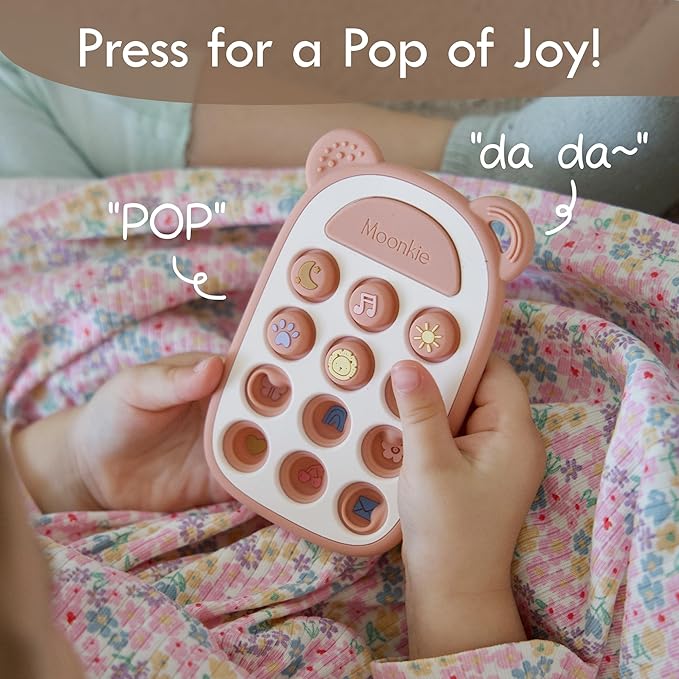 Moonkie Silicone Press Phone Teething Toy for Baby 3 Months+ | Soft BPA-Free Teether with Icon & Number Pop Bubbles | Ideal Gift for Baby Boys