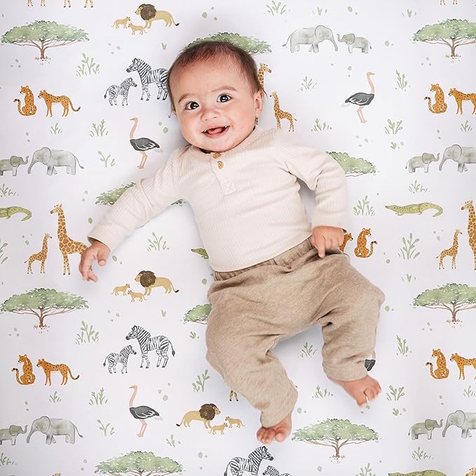 Crib Sheets Neutral - Fitted Baby Crib Sheets Bed for Girl Boy - 2 Pack Standard & Toddler Mattress (Safari Adventure) - Buttery Soft Organic Cotton Blend