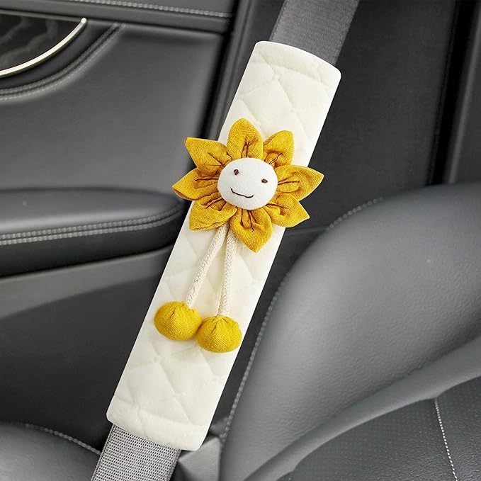 Amooca Soft Auto Seat Belt Cover Seatbelt Shoulder Pad Cushions 2 PCS for a More Comfortable Driving Universal Fit for All Cars and Backpack Off-White Orange Sunflower
