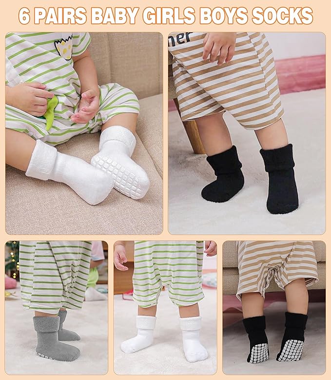 LANLEO Baby Girls Boys Non Slip Socks with Grips Toddler Kids Unisex Warm Thick Cotton Ankle Crew Socks with Grippers