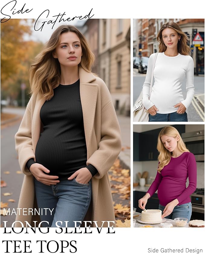Ficerd 4 Pack Women's Maternity Shirts Cotton Long Sleeve Ribbed Crew Neck Pregnancy Tops Side Ruched Casual Mama Clothes