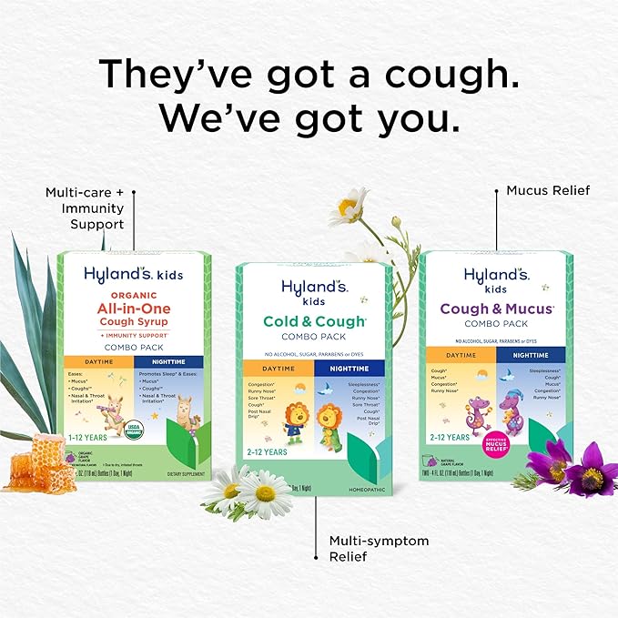 Hyland's Kids Cold and Cough, Nighttime Grape Flavor Cough Syrup Medicine for Kids Ages 2 and up, Decongestant, Sore Throat, and Sleeplessness Relief of Common Cold Symptoms, 4 Fl Oz