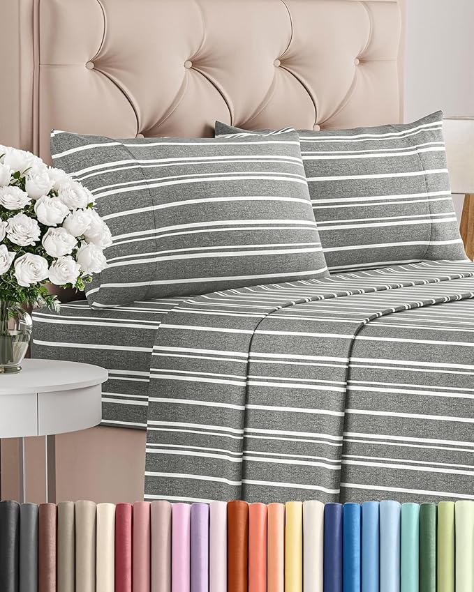 Cal King Size 4 Piece Sheet Set - Comfy Breathable & Cooling Bed Sheets Set - Hotel Luxury Bedding for Women, Men, Kids, Teens, Boys & Girls - Deep Pockets & Wrinkle Free - Oeko-Tex - Grey Stripes 3