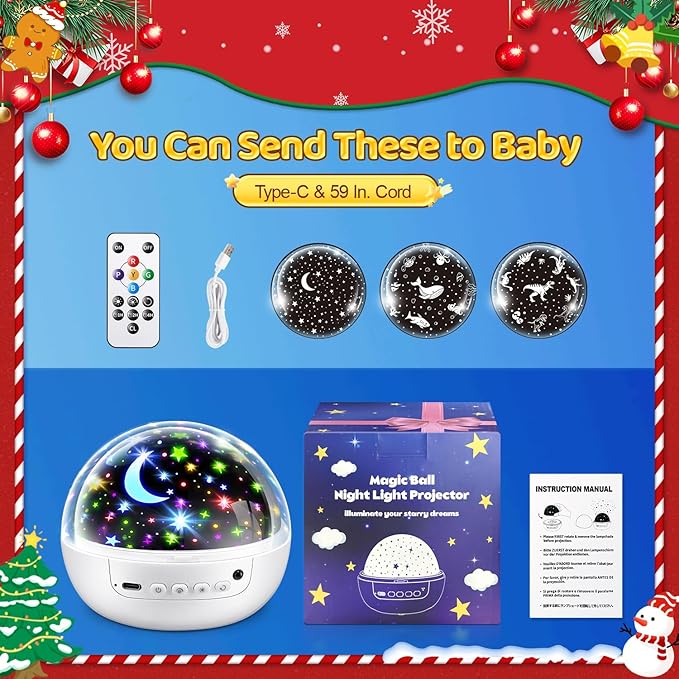 COOLNIGHT Christmas Room Decor, 93 Lighting+3 Films Christmas Projector Christmas Stuff, Remote+Dimmable+360° Slient Nightlight for Baby Nursery, Christmas Room Decorations, Moon Projector (White)