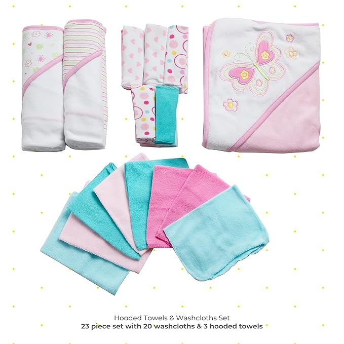 Spasilk Bath Hooded Towels & Washcloths Set for Babies, 23-Piece Gift Set, White Butterfly