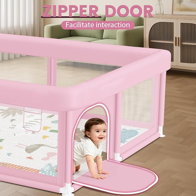 Large Baby Playpen with Mat 50"x50" Baby Girl Play Pen for Babies and Toddlers, Safe Structure and Soft, Skin-Friendly Fabric with Zipper Gates Pink