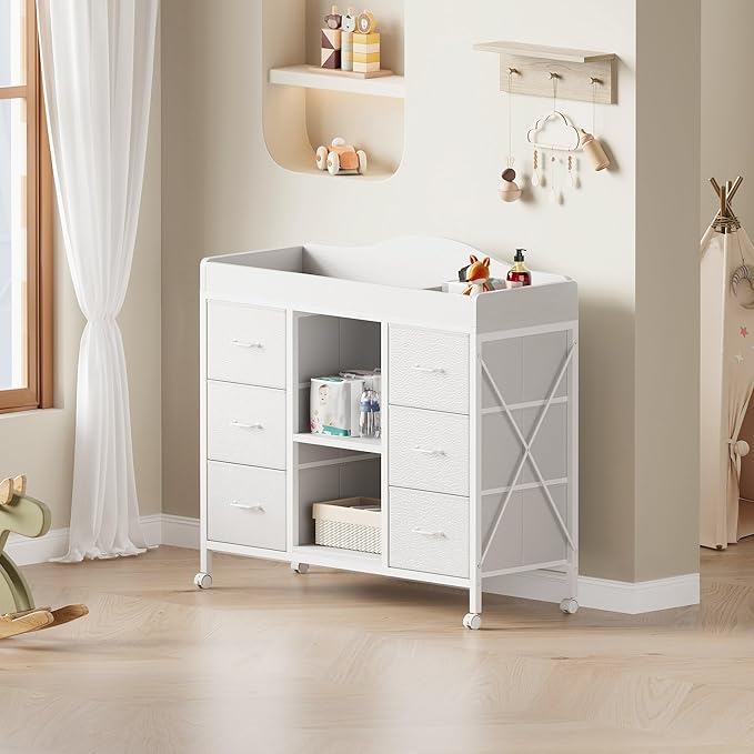 Changing Table, 6-Drawer Baby Dresser with Changing Table top, Waterproof Diaper Changing Station & Pad, 2 Height-Adjustable Open Storage Shelves, Mobile Nursery Organizer, White