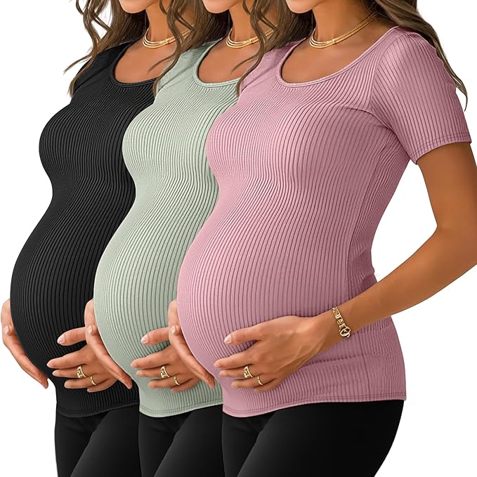 Neer 3 Pack Women's Ribbed Maternity Tops Pregnancy Round Neck Shirts Short Sleeve Soft Maternity Clothes for Mama