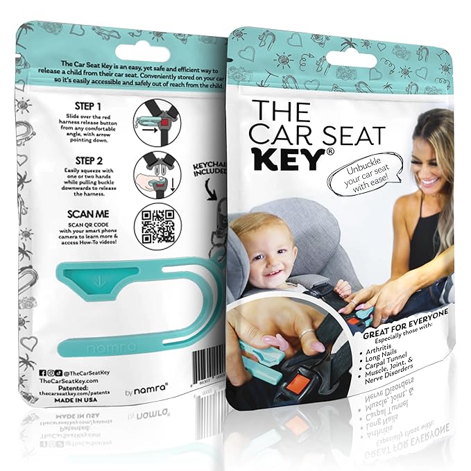 The Car Seat Key - Original Car Seat Key Chain Buckle Release Tool - Easy Unbuckle Opener Aid for Nails, Parents, Grandparents & Older Children by NAMRA Made in USA (Teal)