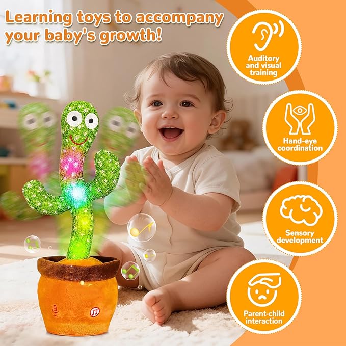 Dancing Talking Cactus Toy, Baby Singing Recording Mimicking Cactus Toy, Repeats What You Say, Musical Interactive Infant Toddler Toys for 1 Year Old Boys Girls