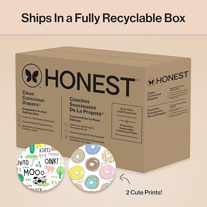 The Honest Company Comfort Dry Disposable Diapers for Sensitive Skin, Hypoallergenic, Barnyard Babies + Donut Grow Up, Super Club Box Size 3 (16–28 lbs), 120 Count