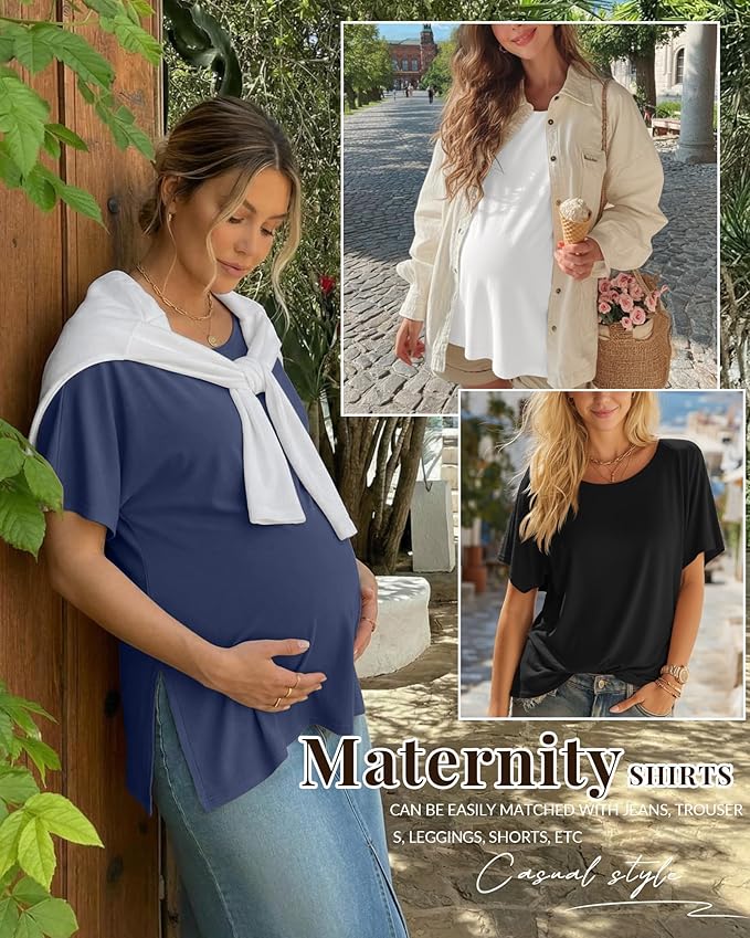 Riyiper 3 Pack Women's Maternity Tunic Shirts Cotton Summer Pregnancy Clothes Loose Oversized Split Side Blouse Tops