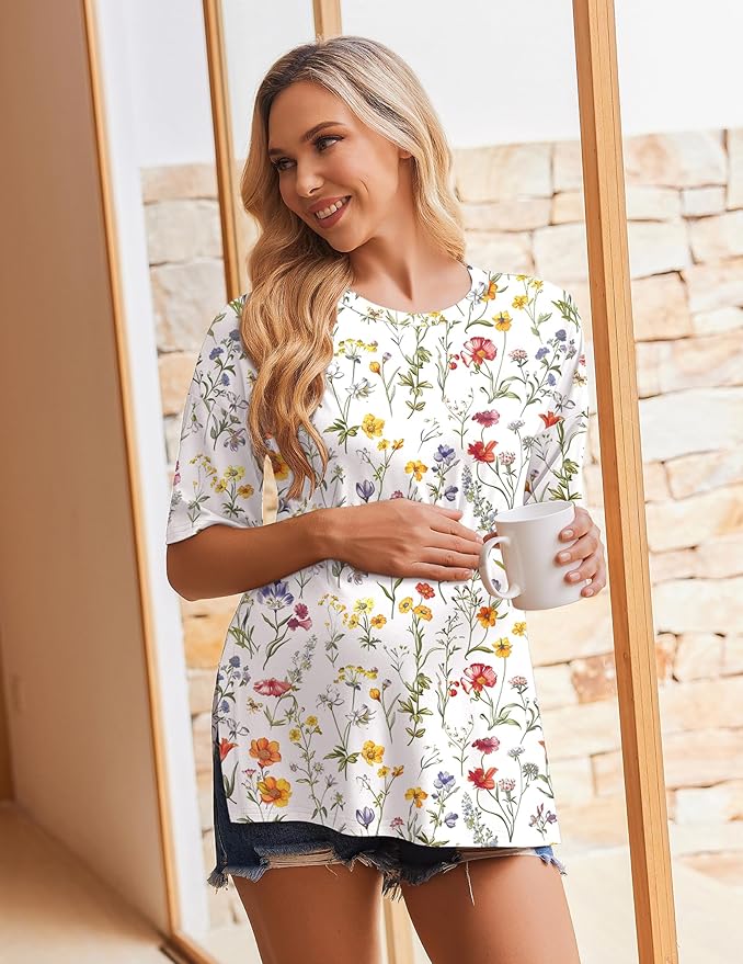 Ekouaer 4 Packs Women’s Maternity Shirts Short Sleeve Split Side Pregnancy Tee Tops Tunic Blouse Mama Clothes