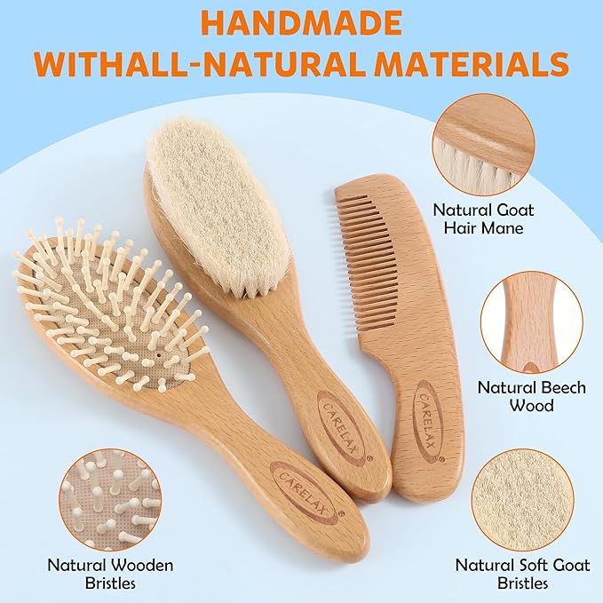 Baby Hair Brush & Comb Set, Organic Wooden Hairbrush Natural Goat Bristles 3-Piece for Newborns & Toddlers, Ideal for Cradle Cap & Itching, Perfect Shower and Registry Gift for Infant, Toddler, Kids