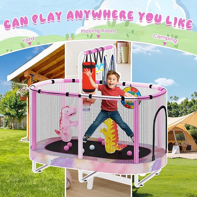 LAMERGE 55" 7-in-1 Round Trampoline for Kids Boys & Girls Ages 1-8, Indoor & Outdoor Trampoline for Fun, Adjustable Height Handrail ＆ Enclosed Safety Net ＆ Durable Designs for Toddlers Children