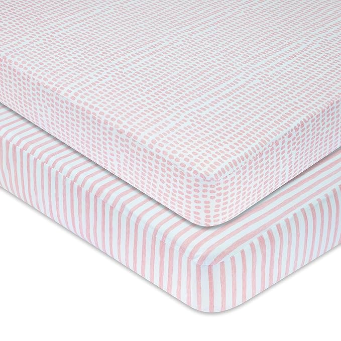 Ely’s & Co. Waterproof Crib Sheets/Toddler Bed Sheets – All-in-One Mattress Protector + Fitted Sheet – Soft Jersey Cotton, Mauve Pink Splash & Stripes, Baby Girl Nursery Bedding Essential – 2-Pack