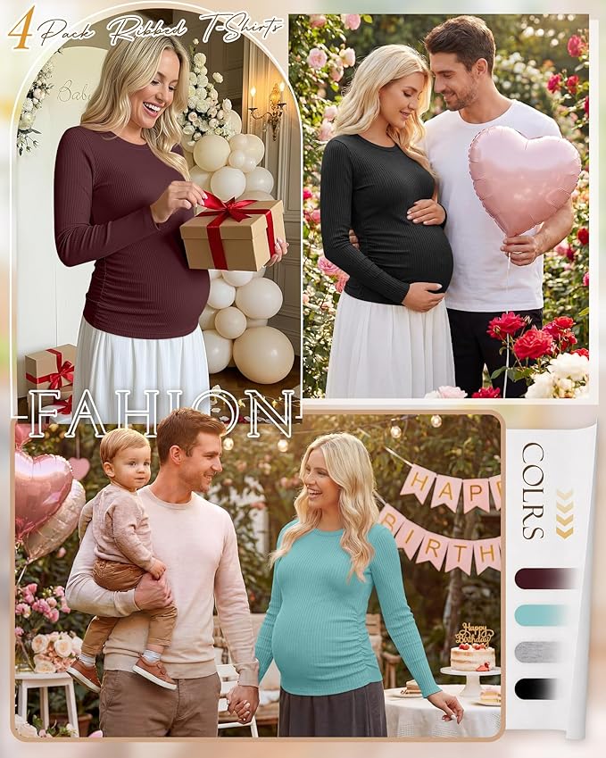 Ficerd 4 Pack Women's Maternity Shirts Cotton Long Sleeve Ribbed Crew Neck Pregnancy Tops Side Ruched Casual Mama Clothes