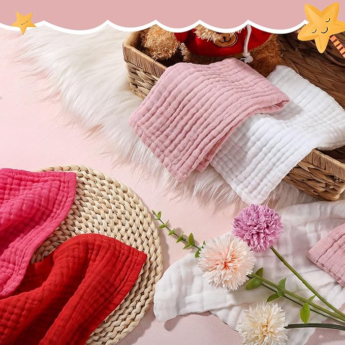 8 Pcs Baby Washcloths for Newborn 12 x 12 Inch Muslin Face Towels Cotton Absorbent for Delicate Skin Soft Muslin Cloth Reusable Baby Registry as Shower Gift, 4 Colors(Rose Red)