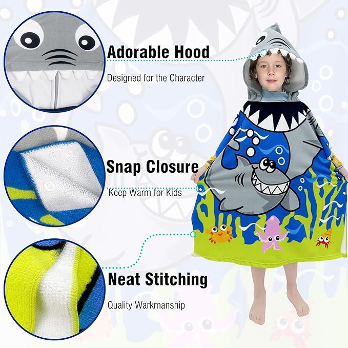 Hooded Kids Beach Towels - Toddler Bath Towel Girls Boys Swim Cover-ups for Ages 4 to 10 Kids Pool Towels Quick Dry Lightweight Soft Microfiber Poncho 30x30 with Bag (Navy Sharks)