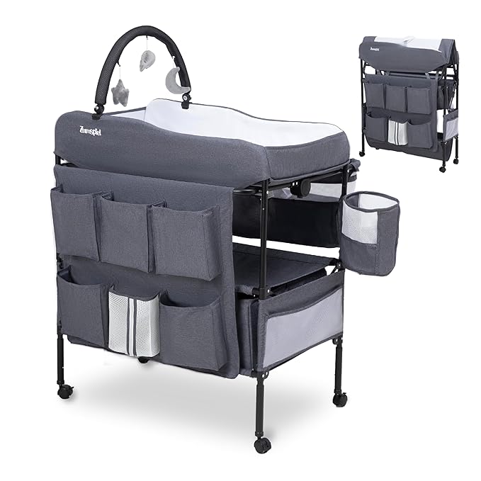 Baby Changing Table, Versatile Portable Folding Changing Table, Waterproof Diaper Changing Station with Waste Basket, Adjustable Height with 2 Drawers, Baby Changing Station
