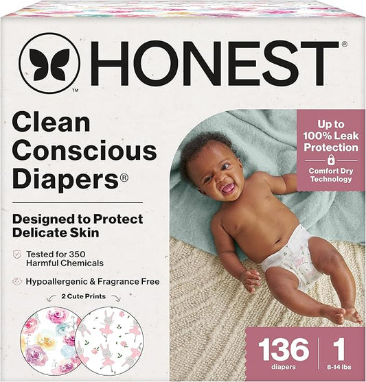 The Honest Company Comfort Dry Disposable Diapers for Sensitive Skin, Hypoallergenic, Rose Blossom + Tutu Cute, Super Club Box Size 1 (8–14 lbs), 136 Count