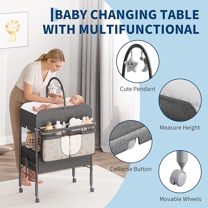 GarveeHome Baby Changing Table with Storage, Portable Foldable Diaper Changing Station with 2 Storage Baskets, Height Adjustable Waterproof Changing Table for Infant and Newborn