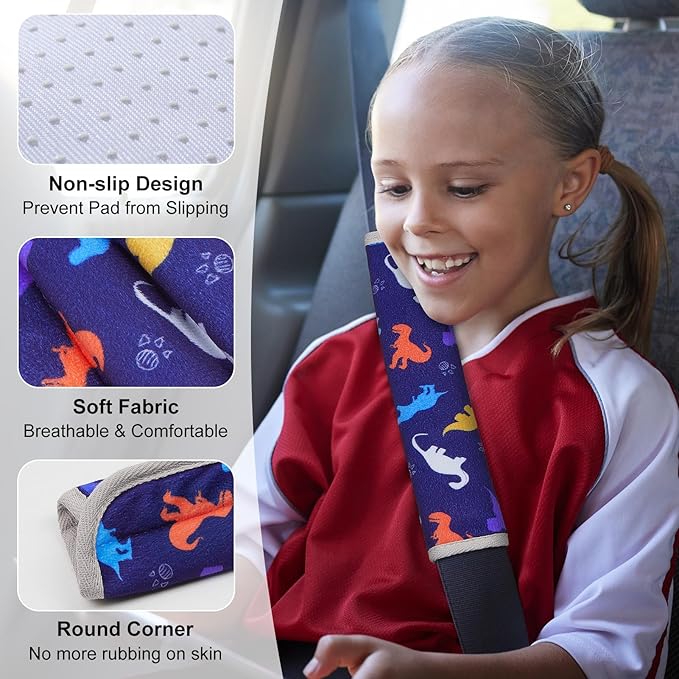 Seat Belt Cover Pad for Baby, Soft Seatbelt Cushion Covers for Kids 2Pcs Car Seat Strap Shoulder Pads for All Car Seats, Stroller, High Chair,Blue Dinosaur