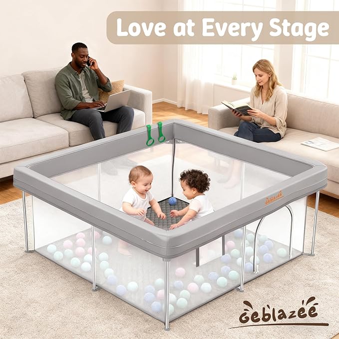 Foldable 50x50 Playpen, Portable Baby Playpen for Babies & Toddlers, Quick Fold Safety Play Yard with Balls, Pull Rings & Carry Bag, Indoor & Outdoor, Grey