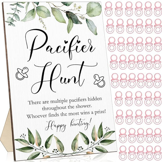 Roowest 51 Pcs Pacifier Hunt Baby Shower Games Include Wooden Hunt Sign and 50 Acrylic Mini Plastic Pacifiers for Baby Shower Game Decoration Gift Sets Gender Reveal Party Supplies
