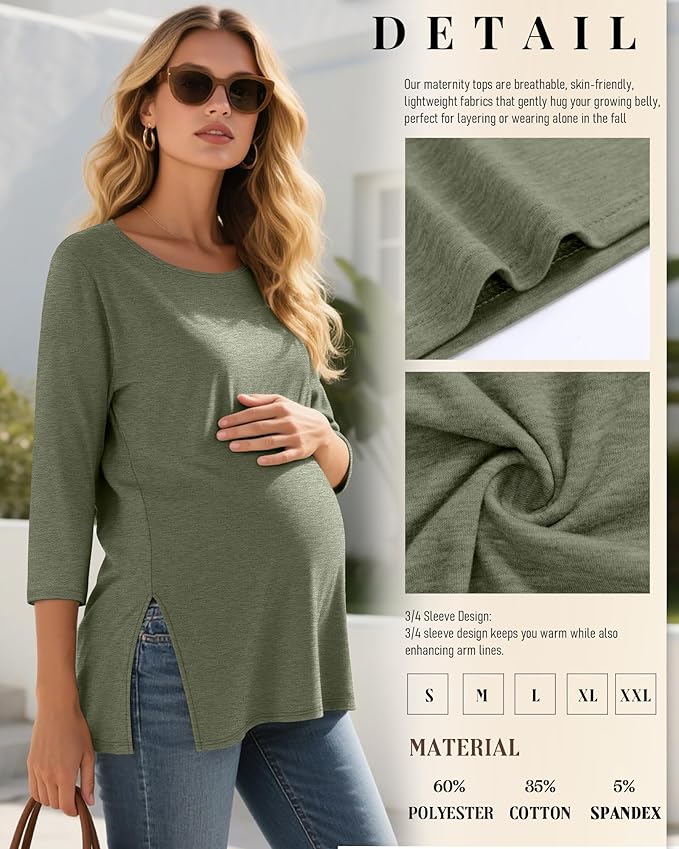 3 Pack Women's 3/4 Sleeve Maternity Shirts Elbow Length Clothes Round Neck Tunics Pregnancy Loose Side Split Tops