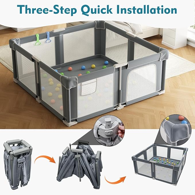 Foldable Playpen for Babies and Toddlers, 51" Portable Play Pen with Mat and Ocean Balls, Play Yard with with Visible Mesh for Inddor and Outdoor, No Assembly Required, Dark Gray
