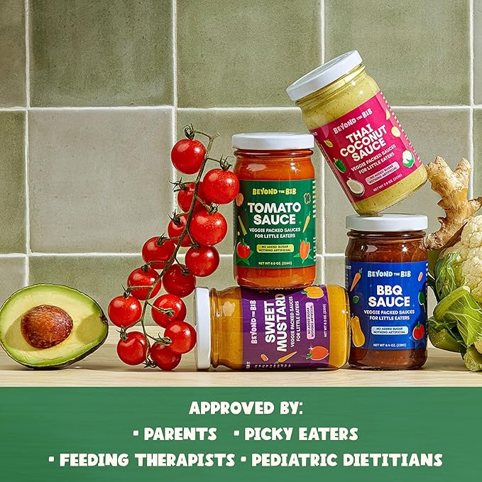 Beyond the Bib - Toddler and Kids Healthy Meal Sauces and Dips - Made with Vegetables, No Added Sugar, No Salt, No Artificial Ingredients - Ready to Eat - For 24+ Months (Tomato, BBQ, Thai Coconut)