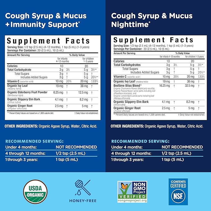Mommy's Bliss Baby Organic Cough Syrup & Mucus, Day and Night Value Pack with Elderberry, Vitamin C, Organic Honey & Ivy Leaf, 3.34 Fl Oz (Pack of 2)