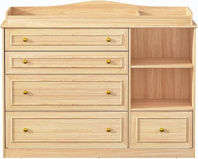 St.Mandyu Wood Changing Table Dresser, Baby Nursery Dresser, Baby Diaper Changing Table, 5 Drawers, Adjustable Shelves, Metal Handle, Curved Wrapping Design, Nature