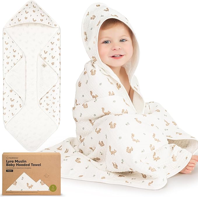 KeaBabies Muslin Baby Bath Towels with Hood for Girls, Boys -Large Organic Cotton Hooded Baby Towels for Newborns,Toddlers,Infant,Kids,Soft Absorbent Newborn Bath Essentials Gift Set(Nibbles, Regular)