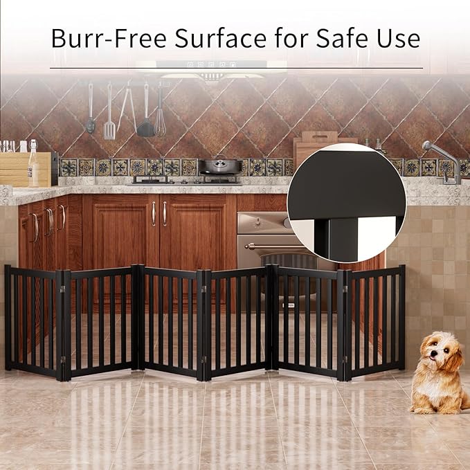 6-Panel Solid Wood Dog Gate - Freestanding Folding Pet Gate for Doorways, Stairs, Indoor, 24" Height, No Installation Needed, Black