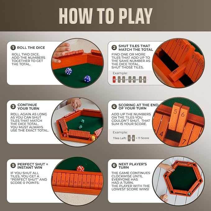 Shut The Box Game Wooden Board for 1-6 Players - 16-inch Shut The Box Game 12 Numbers for Adults & Kids - Ideal for Games Night