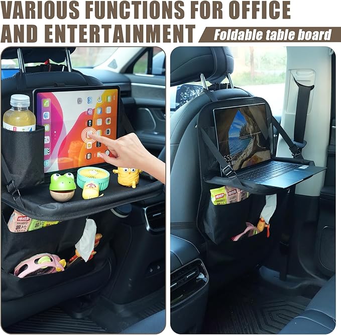 Car Seat Organizers,Multi-functional Back Seat Protectors, Storage Pouches, Child kicking prevention and Tray Holders Kick Mats Back (for Cars, Kids,and Rear Seats) (Black, 2 Pack with Food Tray)