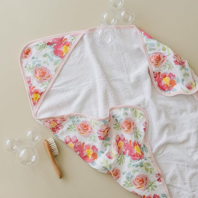 Featherhead™ 5-Piece 100% Cotton Muslin Hooded Bath Towel & Washcloths Set for Baby Girl - Ultra Soft and Extra Absorbent - Newborn Essential & Perfect Baby Registry Gift (Garden Floral)
