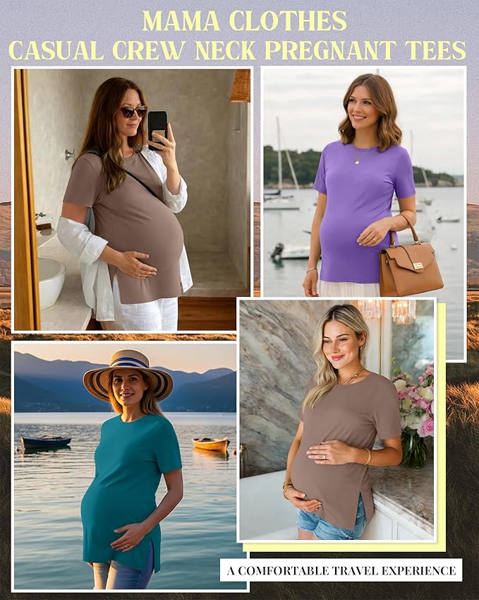 Ficerd 3 Pack Women's Maternity T Shirts, Short Sleeve Side Split Pregnancy Tops Casual Crew Neck Pregnant Tees Mama Clothes