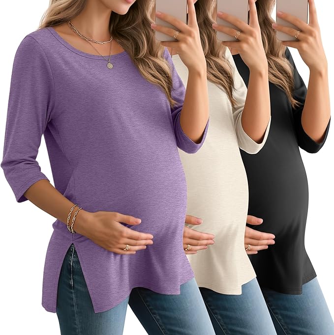 3 Pack Women's 3/4 Sleeve Maternity Shirts Elbow Length Clothes Round Neck Tunics Pregnancy Loose Side Split Tops