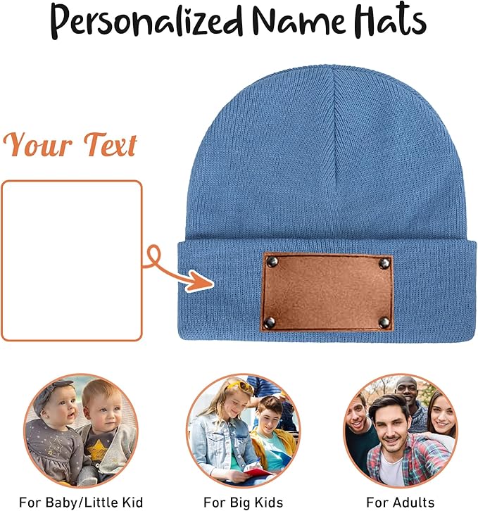 Personalized Name Baby Beanie Hat Leather Patch - Apricot Beanies Knit Hat Birthday Gifts for Kids Toddler to Adults